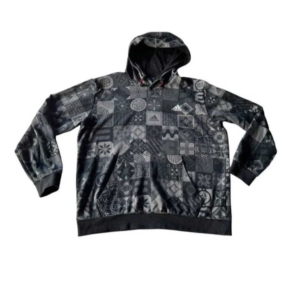 Adidas Men's Sz L CNY Chinese New Year All Over Print Black & Gray Hoodie